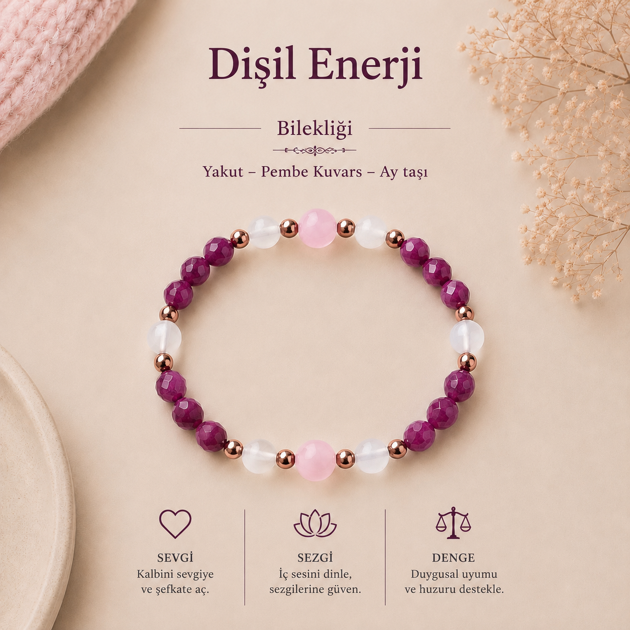 Bacvıa Doğal Taş Sertifikalı Dişil Enerji Bilekliği