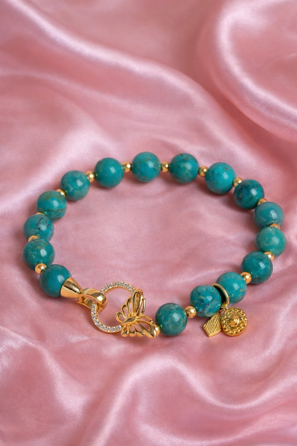 Firuze ( Turkuaz ) & Kelebek Motifli Gümüş Kapama Bileklik