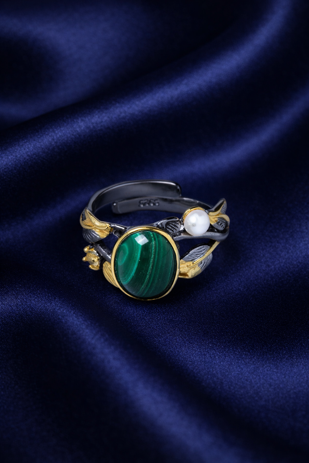 İridyumlu Özel Tasarım Malahit & İnci Gümüş