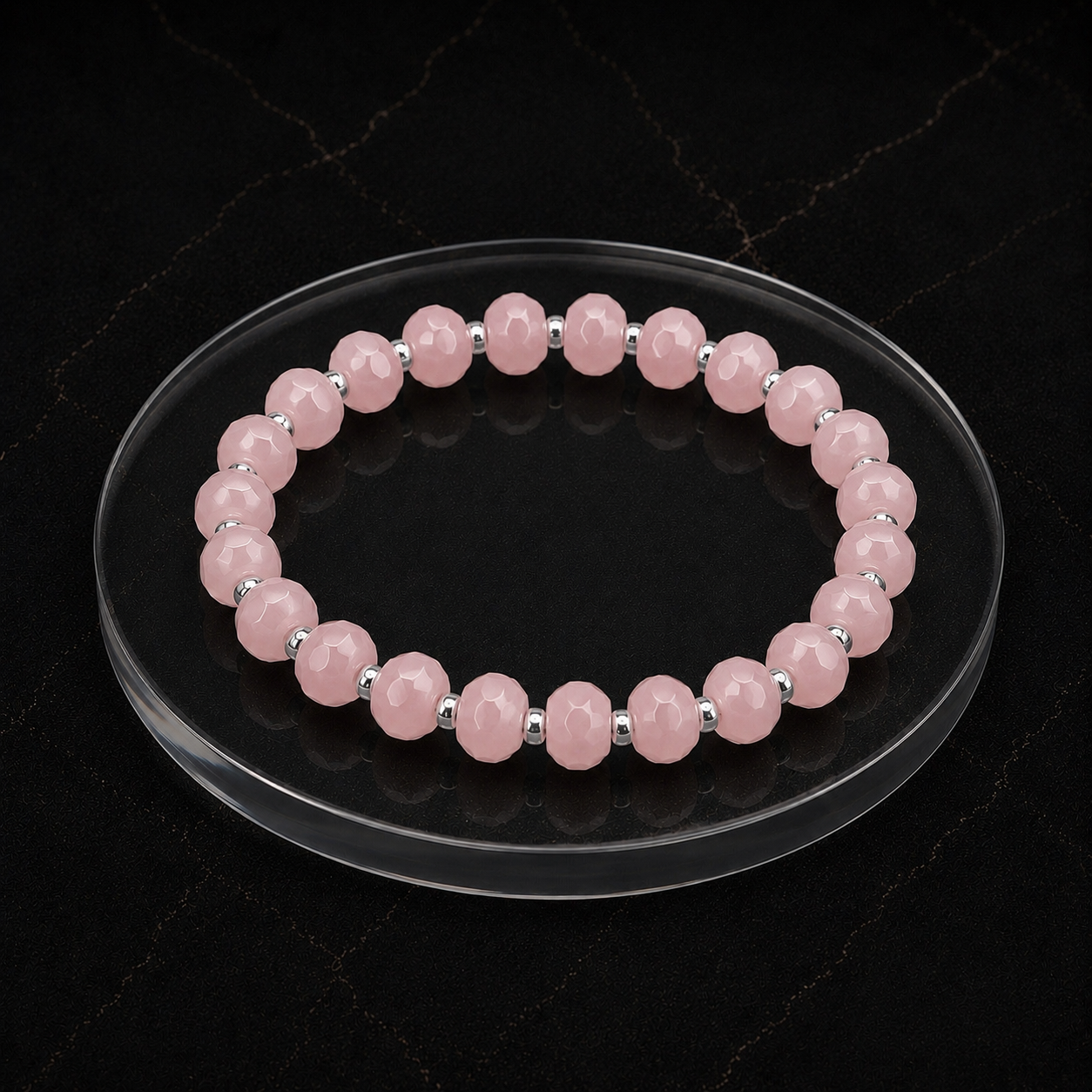 Bacvıa Doğal Taş Sertifikalı 8X6 MM Özel Faset Kesim Pembe Kuvars Gümüş Renk Hematit Bileklik