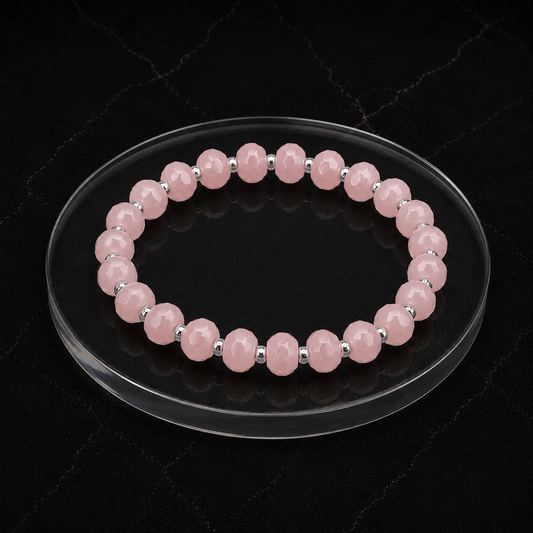 Bacvıa Doğal Taş Sertifikalı 8X6 MM Özel Faset Kesim Pembe Kuvars Gümüş Renk Hematit Bileklik