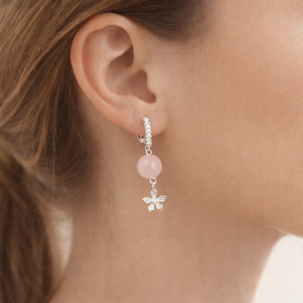 Pembe Kuvars Doğal Taş Gümüş Çiçekli Küpe