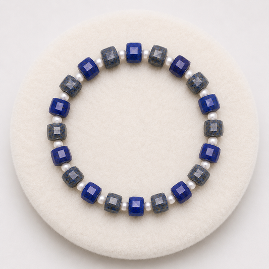 Bacvıa Doğal Taş Sertifikalı 7X7 MM Küp Faset Kesim Lapis Lazuli & 4 MM Küre Kesim Sedef Bileklik