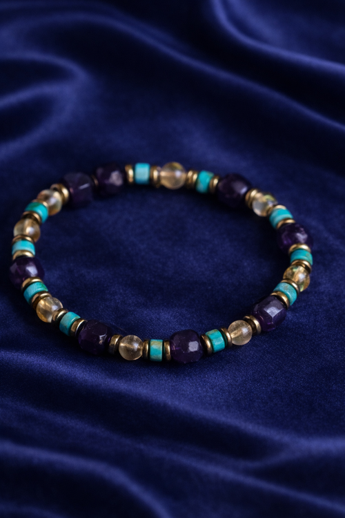 Ametist, Turkuaz ve Sitrin Doğal Taş Makrome Bileklik