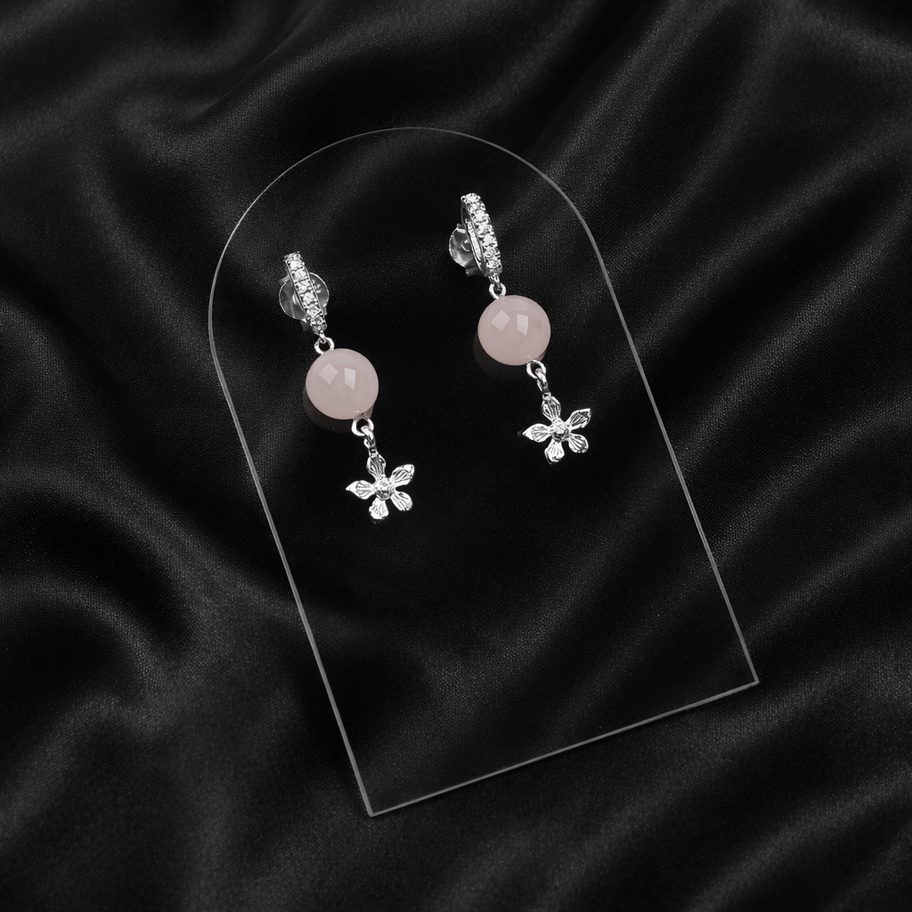 Pembe Kuvars Doğal Taş Gümüş Çiçekli Küpe