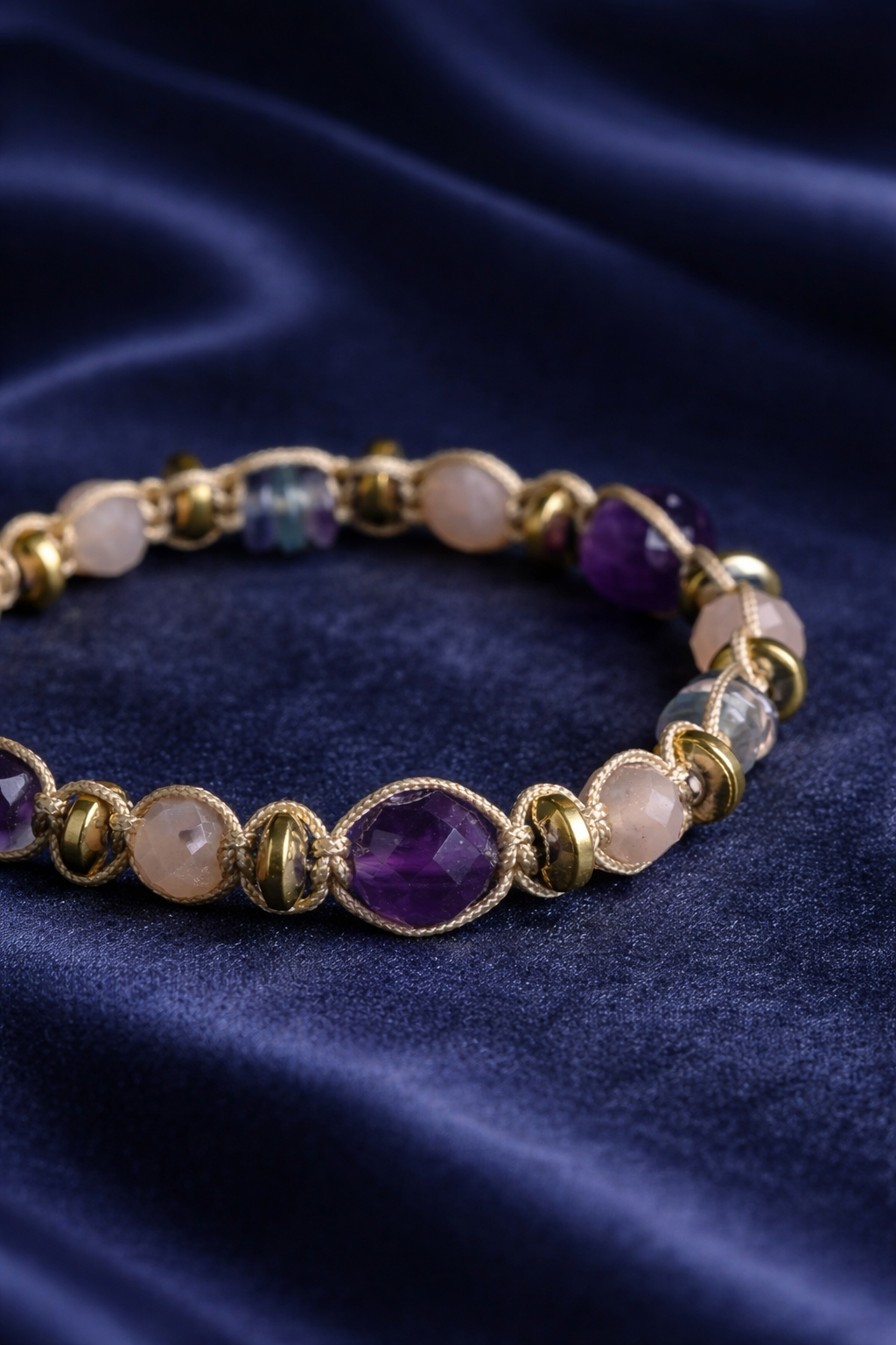 Ametist, Güneş Taşı, Florit ve Hematit Doğal Taş Makrome Bileklik