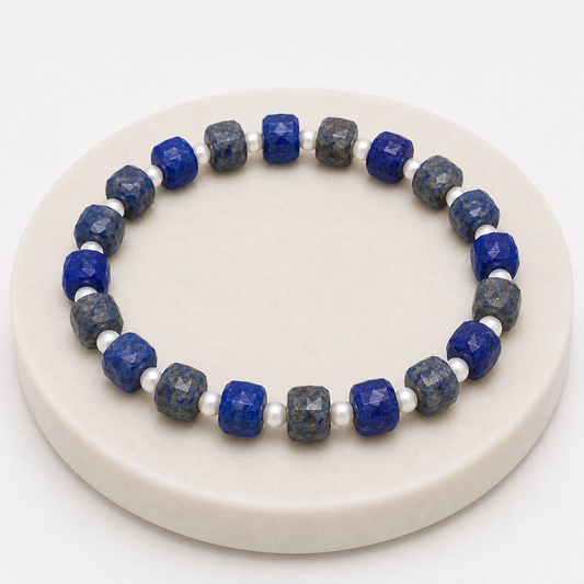 Bacvıa Doğal Taş Sertifikalı 7X7 MM Küp Faset Kesim Lapis Lazuli & 4 MM Küre Kesim Sedef Bileklik