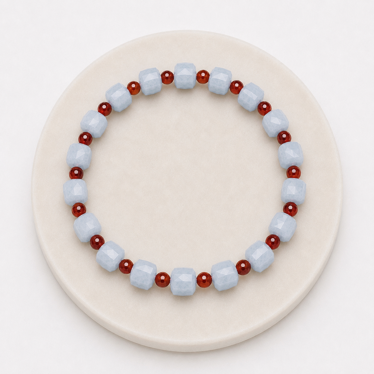 Bacvıa Doğal Taş Sertifikalı 7X7 MM Küp Faset Kesim Akuamarin & 4 MM Küre Hessonit Lal Garnet Bileklik