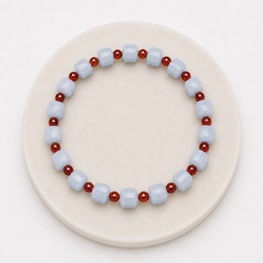 Bacvıa Doğal Taş Sertifikalı 7X7 MM Küp Faset Kesim Akuamarin & 4 MM Küre Hessonit Lal Garnet Bileklik