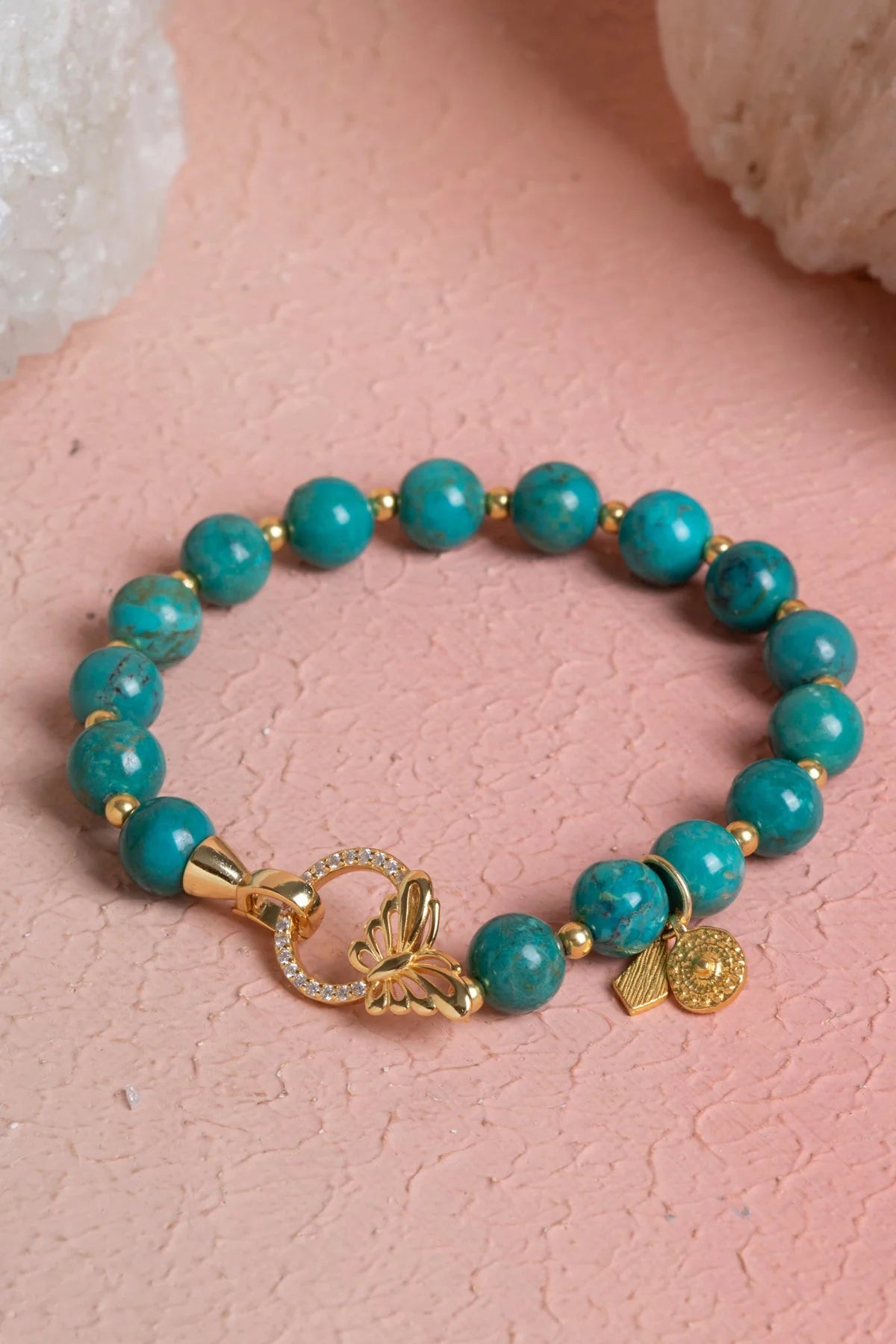 Firuze ( Turkuaz ) & Kelebek Motifli Gümüş Kapama Bileklik