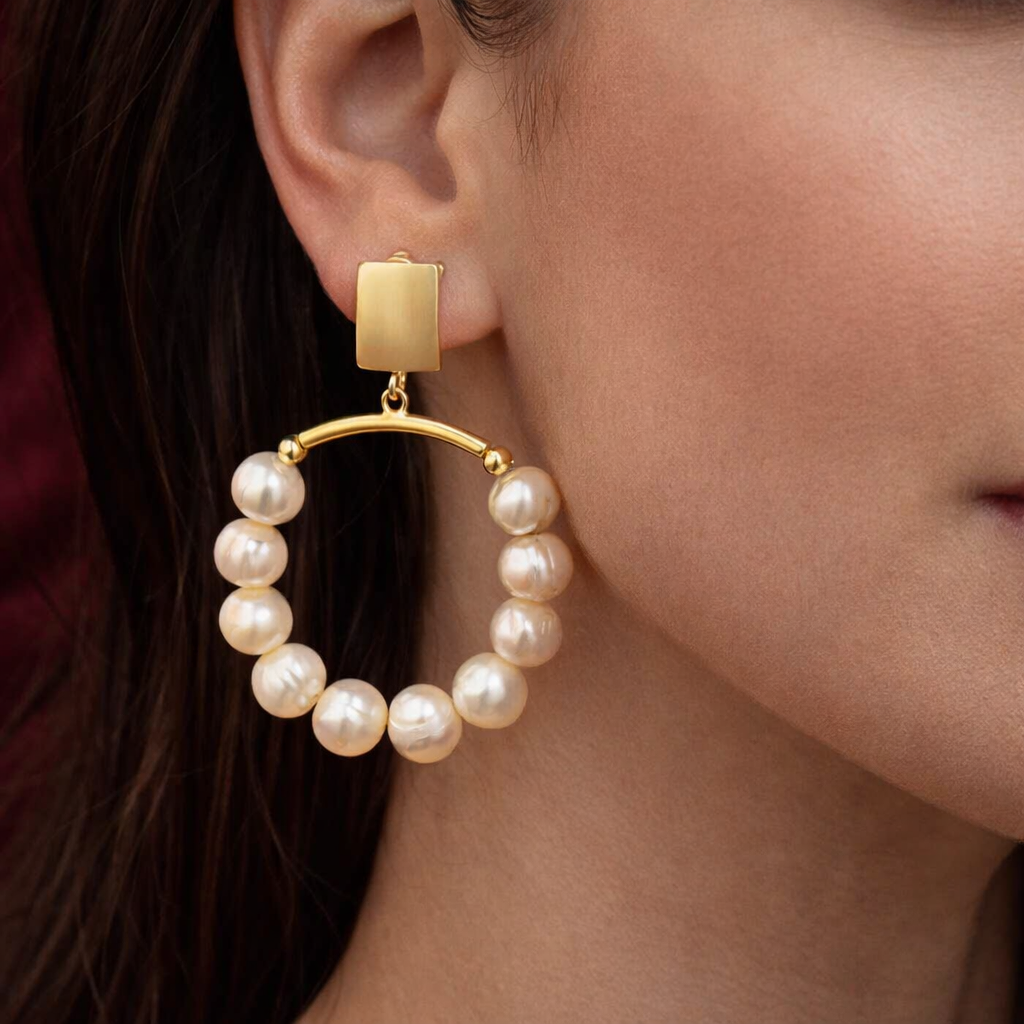 İnci Doğal Taş Gümüş Halka Küpe