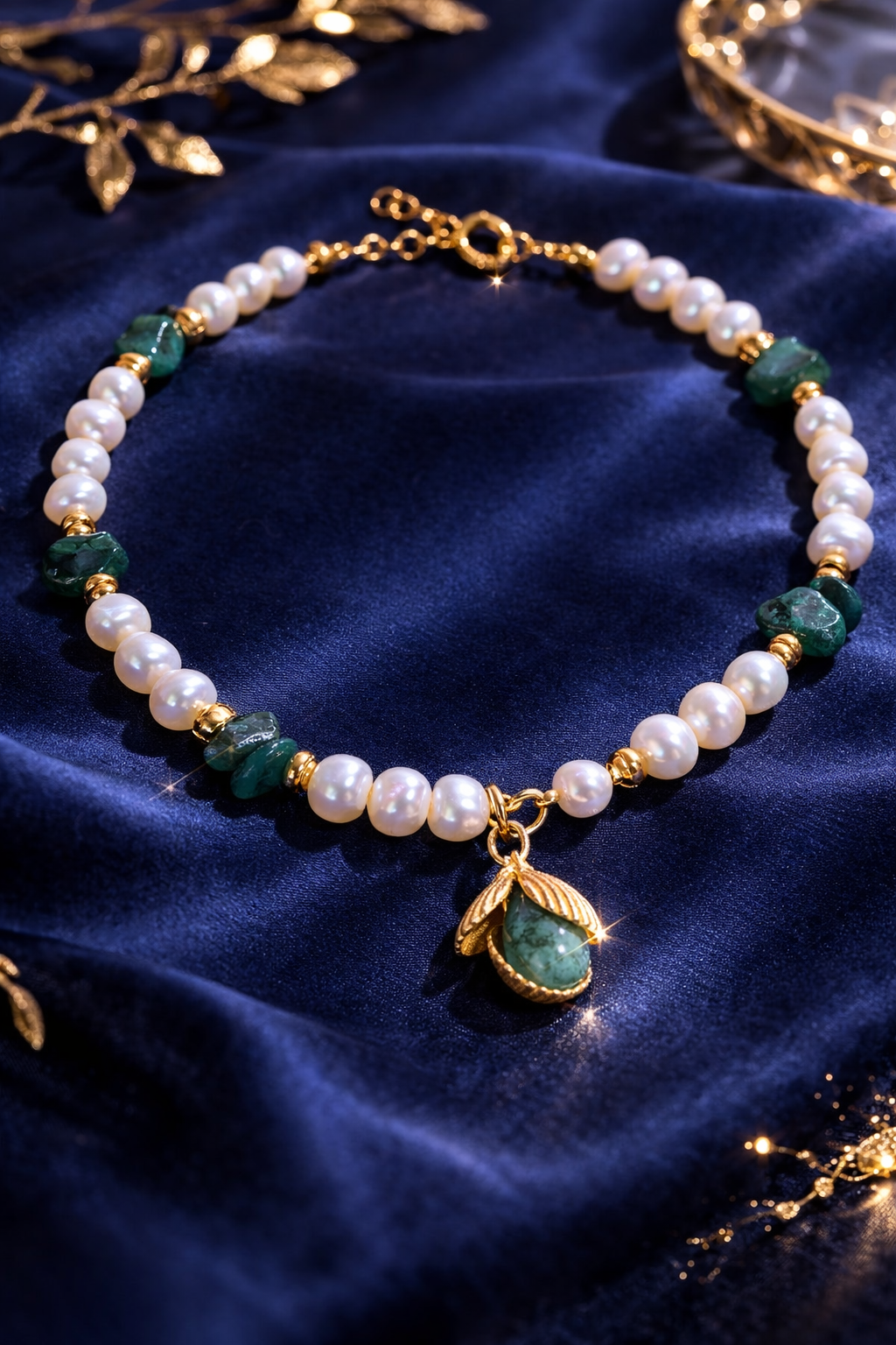 Aşk Kolyesi-İnci, Zümrüt Gümüş Aparatlı Doğal Taş Kolye (