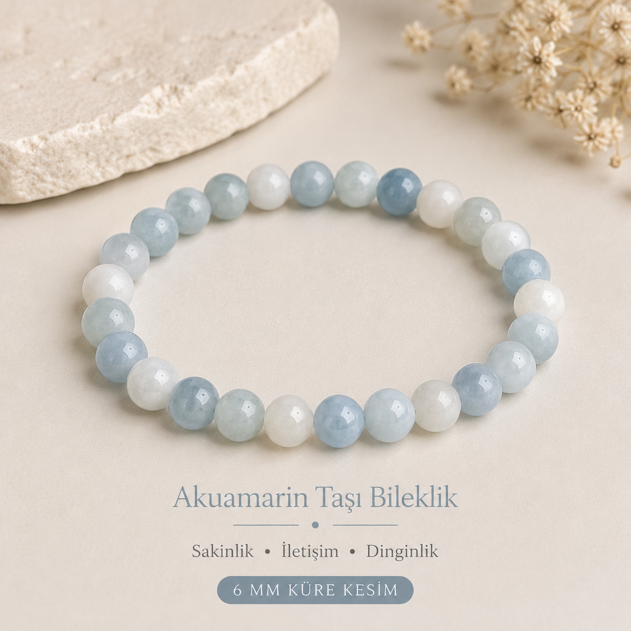 Bacvıa Doğal Taş Sertifikalı 6 MM Küre Kesim Akuamarin Bileklik